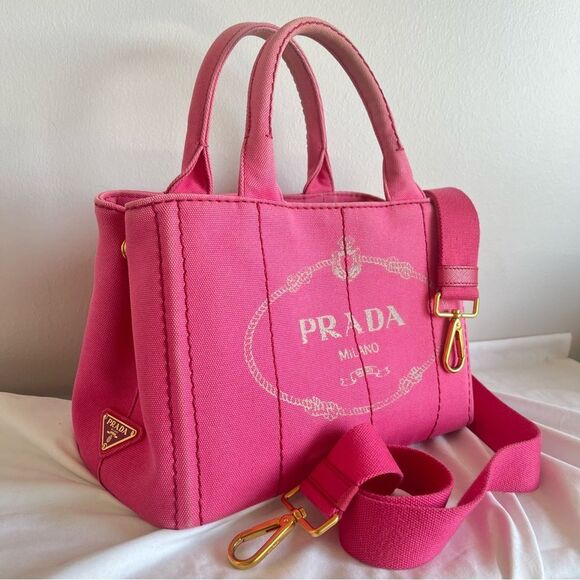 PRADA Pink Canapa Canvas Tote Satchel Crossbody Shoulder Bag Raffia - Picture 1 of 16